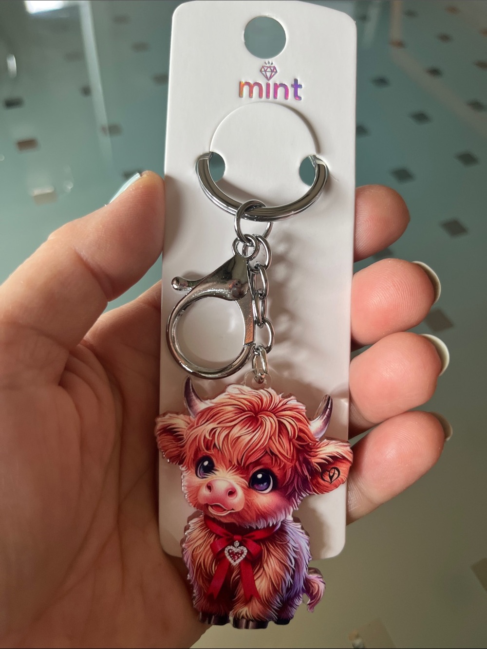 Mint Highland Cow Keychain - Pink, Purple & Red Accents